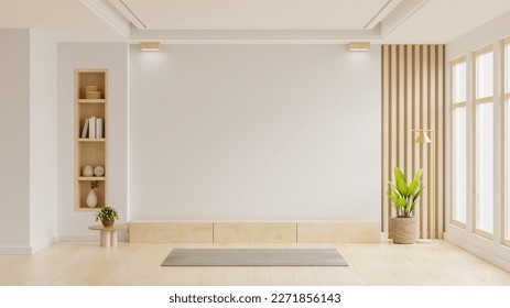 Mezclar una pared de TV montada con decoración en la sala de estar y la pared blanca.3d representación