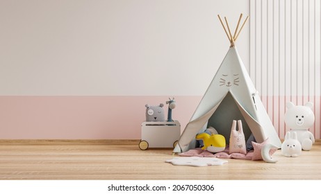 Mockup Wall In The Children's Room, Bedroom Interior On Wall White Color Background.3D Rendering 