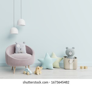 Mockup wall in the children's room on wall white colors background.3D Rendering 