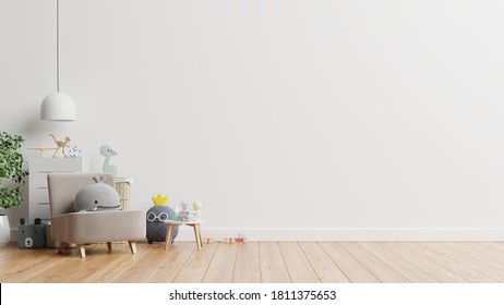 Mockup Wall In The Children's Room On Wall White Colors Background.3D Rendering 