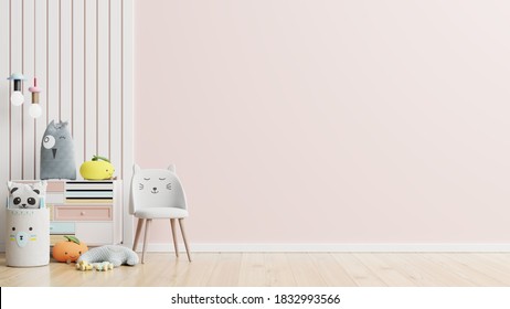Mockup Wall In The Children's Room On Wall Pink Colors Background.3D Rendering