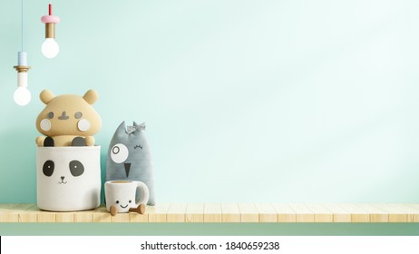 Mockup Wall In The Children's Room On Wall Light Blue Background.3D Rendering