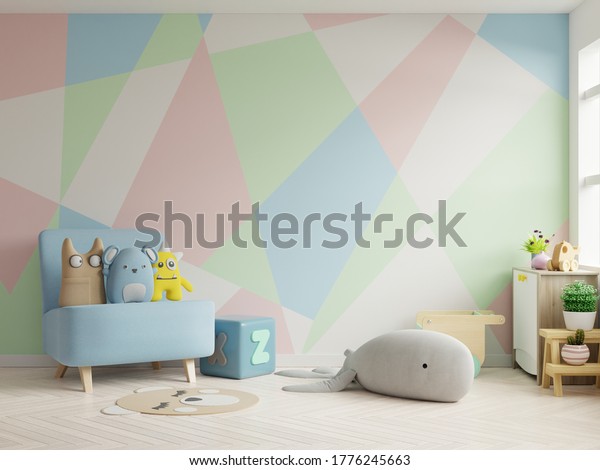 Mockup wall in the children's room on wall pastel colors background.3D Rendering 