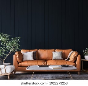 Mockup Wall In Dark Living Room Interior Background, Farmhouse Style, 3d Render, 3d Illustration