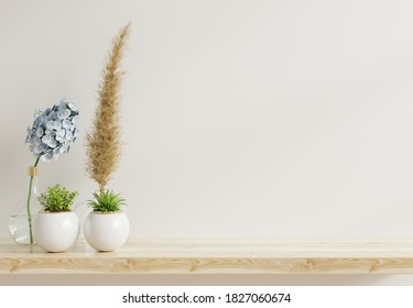 Mockup Wall With Plants On Shelf Wooden,3d Rendering