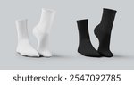 Mockup of white, black medium gaiters 3D rendering, side view, sportswear with elastic band, one foot stretched. Set. Template of average socks on feet, for design, branding, isolated on background