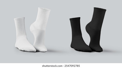 Mockup of white, black medium gaiters 3D rendering, side view, sportswear with elastic band, one foot stretched. Set. Template of average socks on feet, for design, branding, isolated on background