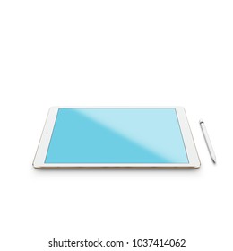 Mockup of white digital tablet pc with stylus on white background. Clipping path included. 3D render