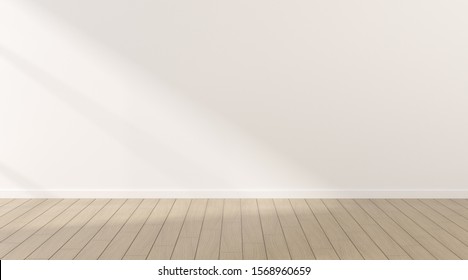 Mock-up of white empty room and wood laminate floor with sun light cast the shadow on the wall,Perspective of minimal interior design. 3D rendering