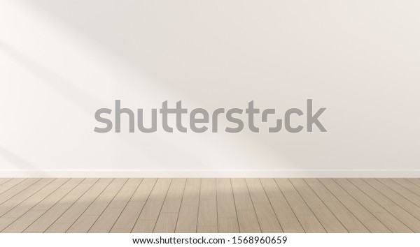 Mock-up of white empty room and wood laminate\
floor with sun light cast the shadow on the wall,Perspective of\
minimal interior design. 3D\
rendering