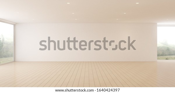 Mock-up of white empty room and\
wood laminate floor with sun light cast the shadow on the\
wall,Perspective of minimal interior design on nature background.\
3D rendering.