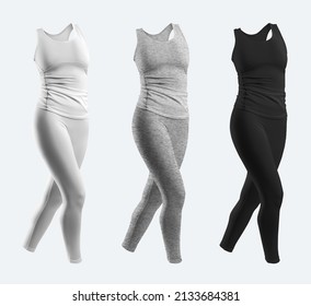 Mockup Of White, Heather, Black Tank Top, Leggings, 3D Rendering Sportswear Posing For Design, Print, Front. Workout Clothes Template, Isolated On Background. Seth, Sleeveless Jerseys, Tight Pants