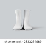 Mockup of white medium socks 3d rendering, gaiters with place for design, print, pattern, branding, advertising, front view. Template of clothes for legs, isolated on background. A pair of sportswear