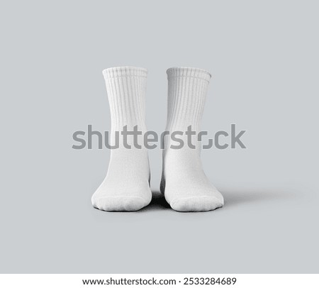 Mockup of white medium socks 3d rendering, gaiters with place for design, print, pattern, branding, advertising, front view. Template of clothes for legs, isolated on background. A pair of sportswear