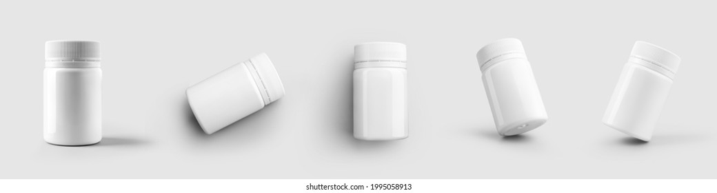 Mockup Of A White Plastic Bottle For Vitamin, Pills, Packaging With A Cap, Isolated On A Background. Set Of Containers For Design Presentation, Advertising In A Pharmacy, Medicine. 3d Rendering