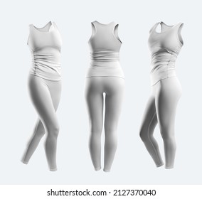 Mockup white tank top, sleeveless T-shirt, leggings, 3D rendering. Tight sportswear template with space for design, isolated on background. Set of women's tracksuit, front, side, back, for advertising