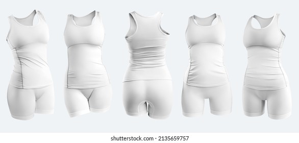 Mockup of a white tracksuit, tank top, shorts, 3D rendering, isolated on background. Sportswear template for fitness, yoga, workouts. Set of blank t-shirts, bicycles, for presentation of design, print - Powered by Shutterstock