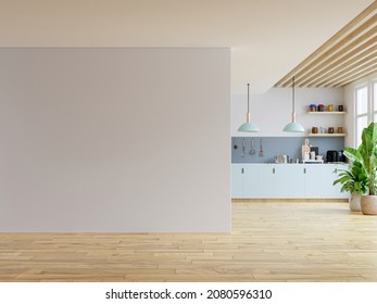 Mockup white wall in kitchen style house with accessories in the room.3d rendering