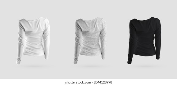しわ の多い白 黒 長い袖3dレンダリング 背面をモックアップ デザインプレゼンテーション 広告用のファッションスウェットシャツテンプレート スポーツ用の高品質な 女性用服のセット カジュアルプルオーバー のイラスト素材