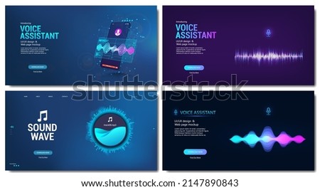 Mockups web page on the topic - Voice Assistant Landing Pages for Mobile app, Web site, smart speaker. Voice assistant concept. Microphone voice control technology. Voice and  Sound recognition