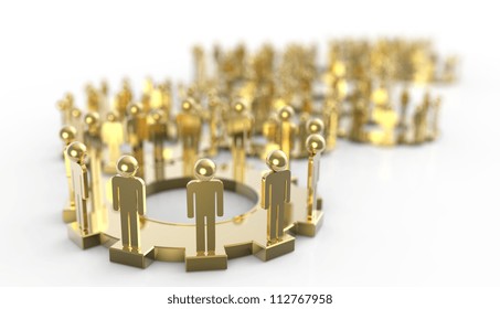 Model of 3d figures on connected cogs as industry concept