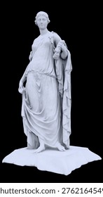 A model of an ancient statue of a full-length, robed, wreathed woman. The ancient statue is made of plaster or white marble and sits on a transparent background.