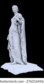 A model of an ancient statue of a full-length, robed, wreathed woman. The ancient statue is made of plaster or white marble and sits on a transparent background.
