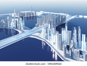 Model City Consisting Of Houses, Buildings, Locations Road, Pathway, Waterway. That Can Be Used As A Background Image Or Accompanying Work. 3D Rendering.