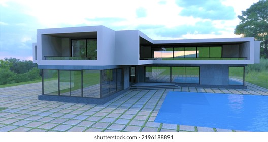 Model Of A Country House In A Minimalist Style. Next To The Pool With Blue Water. Around The Pavement Of Rectangular Concrete Pavers. 3d Render.