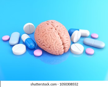 Model Of Human Brain And Pills To Improve Memory. 3D Illustration.