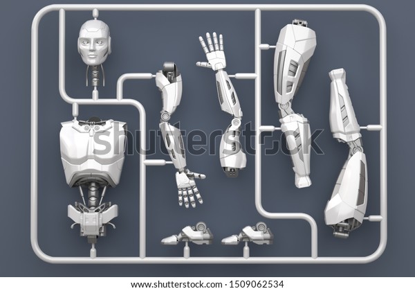 Model kit set with futuristic robot parts.\
3D illustration