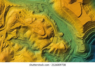 Model of a mine elevation. GIS 3D product made after processing aerial data from a drone. It shows excavation site with steep rock walls