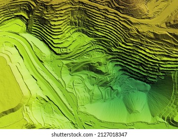 Model of a mine elevation. GIS 3D product made after processing aerial data from a drone. It shows excavation site with steep rock walls