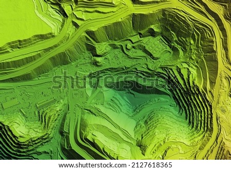 Model of a mine elevation. GIS 3D product made after processing aerial data from a drone. It shows excavation site with steep rock walls