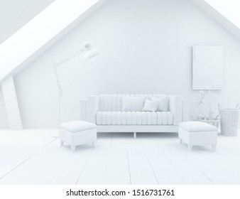 Model Of A Modern White Living Room Interior With Furniture On The Floor, Decor On The Large Wall And White Landscape In Windows. Home Nordic Interior. 3D Illustration