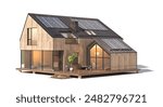 A model of modern wooden house featuring solar panels on the roof. 3D Illustration