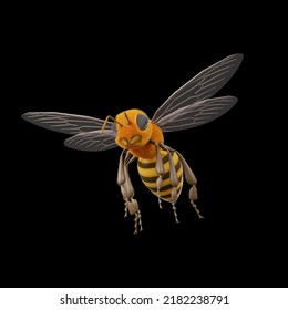 Model For One Bee Isolated From Black Backgrounds 3D Cartoon Character For Bee With Facial And Body Hair Along With Yellow And Brown Color 3D Rendering Illustration