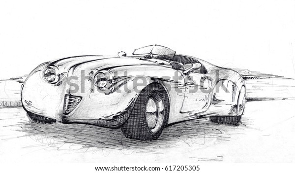 Model\
of retro car of own design. Hand-drown car\
sketch
