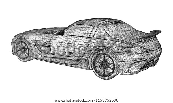The model sports a premium coupe. Raster\
illustration in the form of a black polygonal triangular grid on a\
white background. 3d\
rendering.