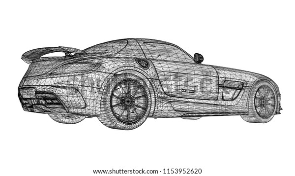The model sports a premium coupe. Raster
illustration in the form of a black polygonal triangular grid on a
white background. 3d
rendering.