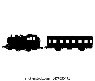 Model of a steam locomotive and passenger cars on rails on a white background