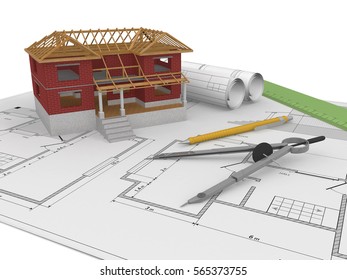 The model of under construction house is on its construction plan with pencil and divider tool. 3D render. 