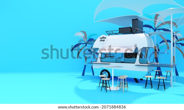 Model vans for coffee shop on the beach,mockup\
for product,3D\
rendering