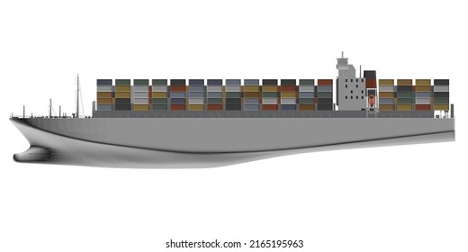 Model of a white large ship loaded with colorful containers isolated on a white background. Side view. 3D illustration