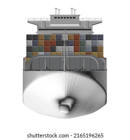 Model of a white large ship loaded with colorful containers isolated on a white background. Front view. 3D illustration