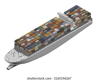 Model of a white large ship loaded with colorful containers isolated on a white background. Isometric view. 3D illustration