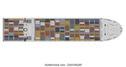 Model of a white large ship loaded with colorful containers isolated on a white background. View from above. 3D illustration