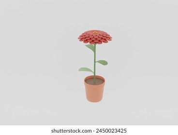 modeling 3d red flower with three green leaf isolated white background