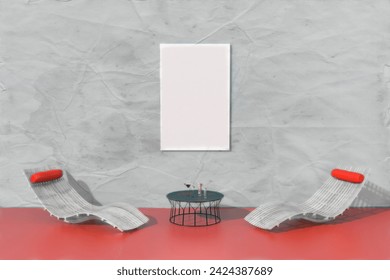 Modeling and rendering of a colored wall with chairs and a table