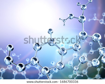Models of abstract molecular structure. View from different angles. On abstract blue background. Copy space for your text. Mock up template. 3d render